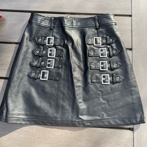 LF Black Leather Skirt with Buckle Details, Zip Back, and Belt Loops